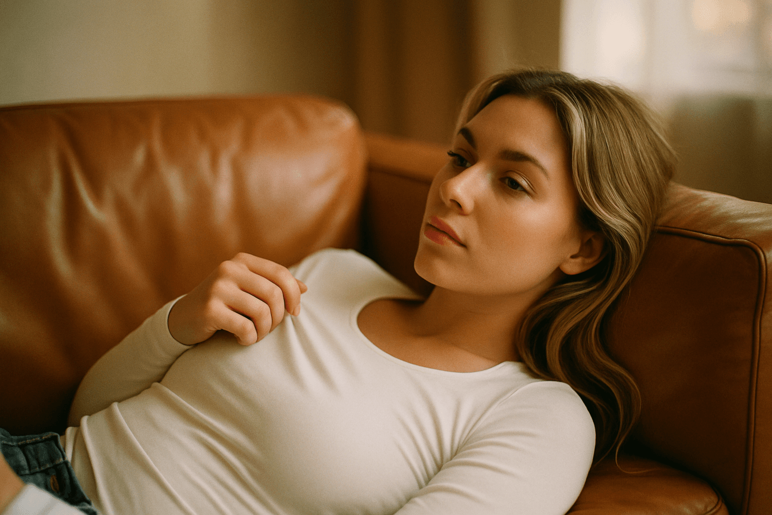 AI generated: A woman reclines thoughtfully on a warm caramel leather couch, dressed in a fitted white long-sleeve...