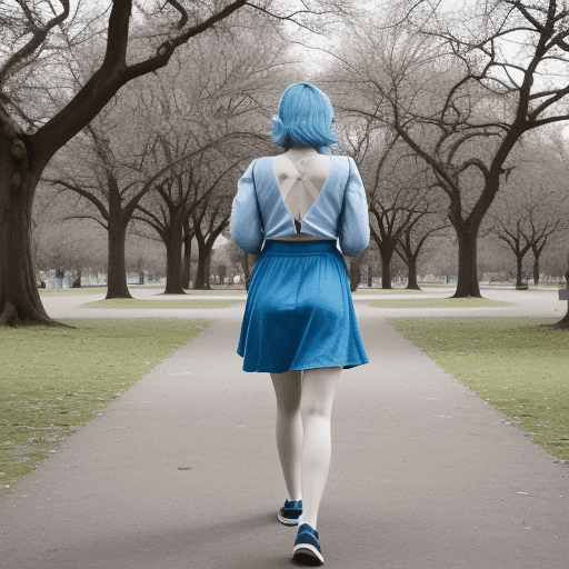 AI generated: a blue hair girl, 30 years old, walk in a park 