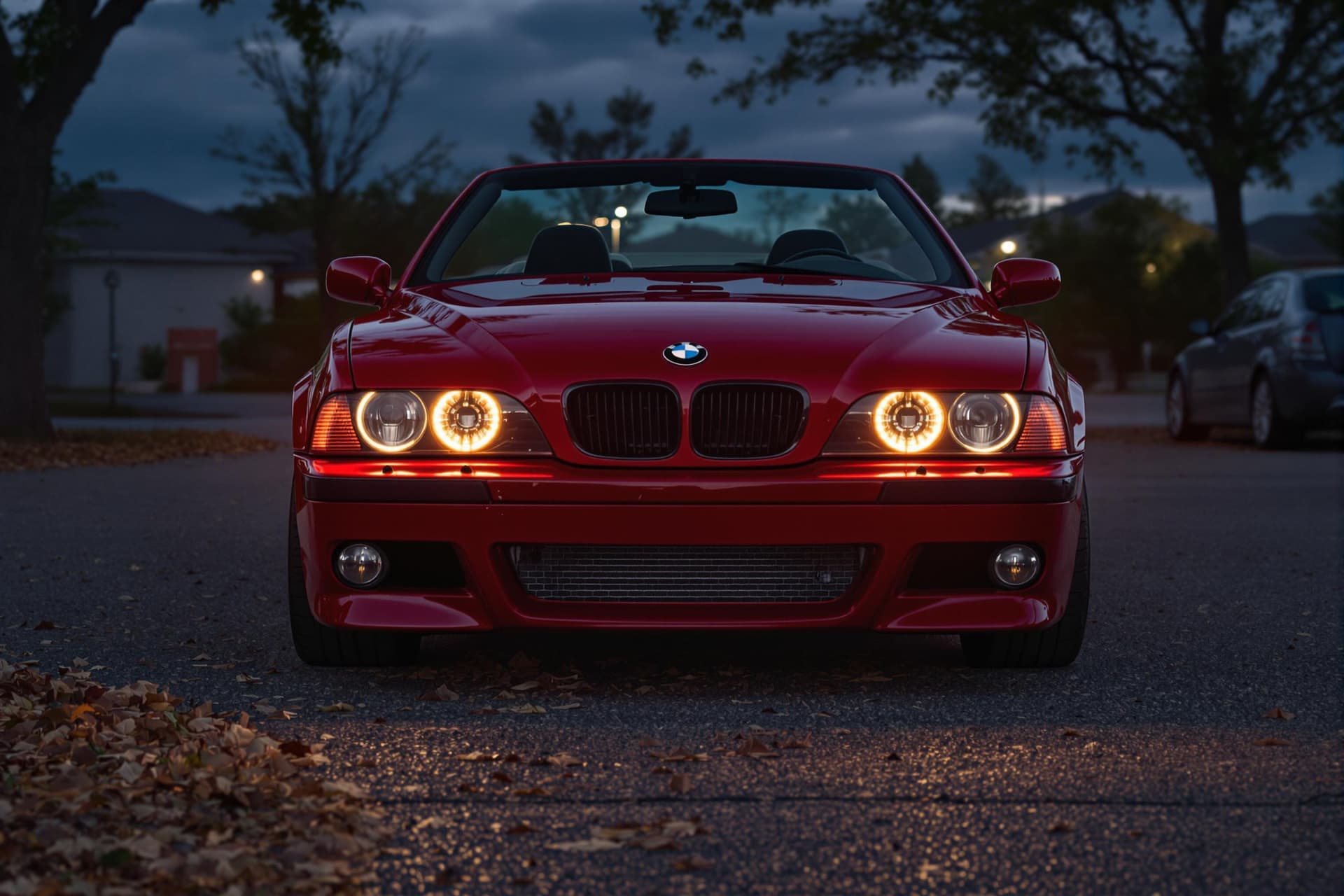 AI generated: dark red bmw e39 M5 convertible, lit angel eyes, cinematic, hyper realism, high detail, 8k, front 3/...