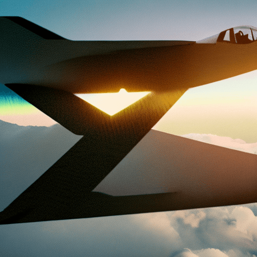 AI generated: half side view kfir fighter plane flying in the middle of the clouds towards a sunrise lofi style