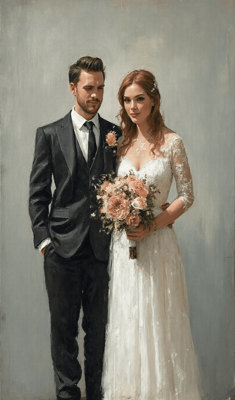 AI generated: Oil painting on canvas of a couple standing next to each other at their wedding. Both are wearing fo...