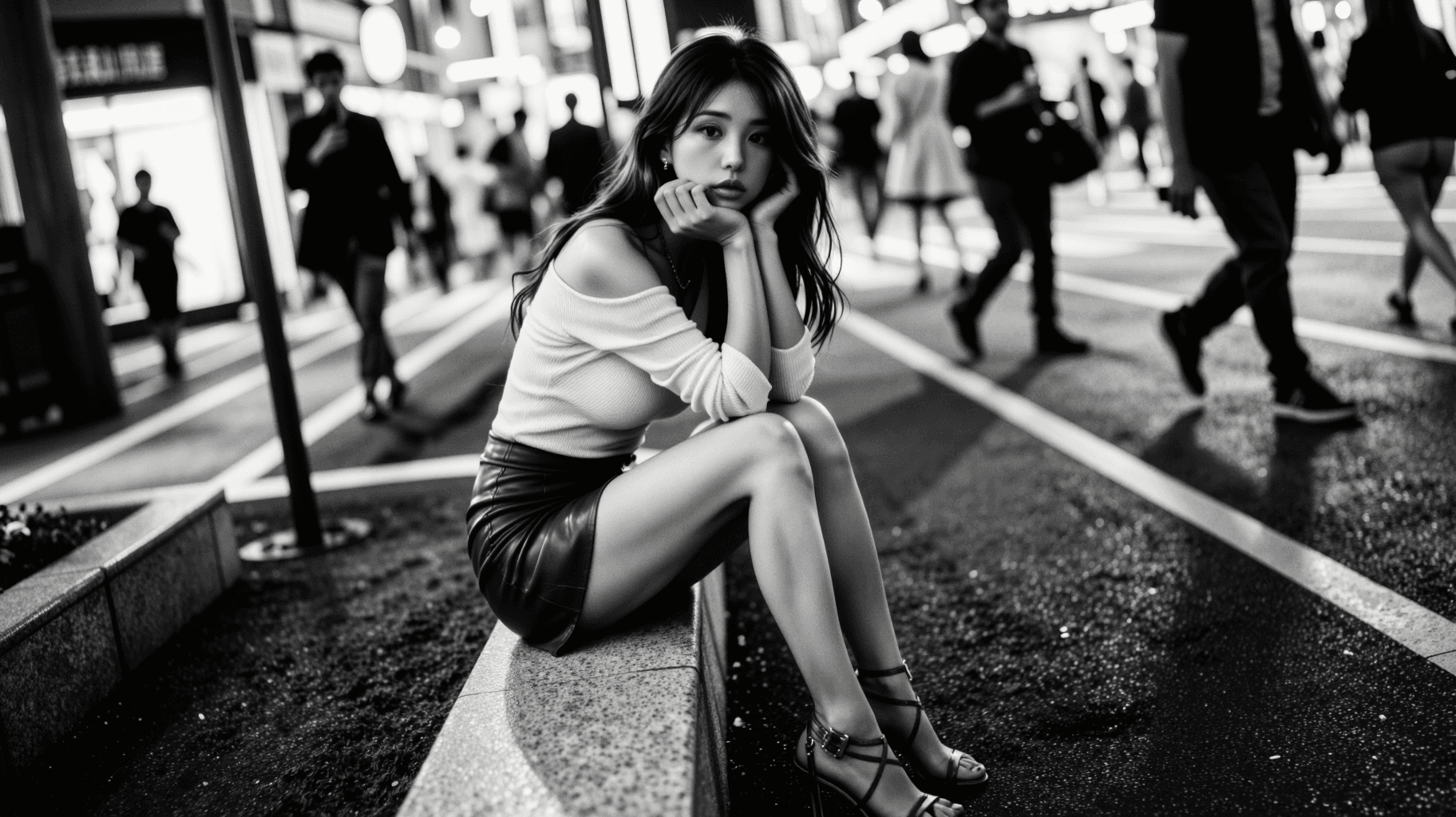 AI generated: A highly detailed, photorealistic, black and white street photography shot captured on 35mm film. Sh...