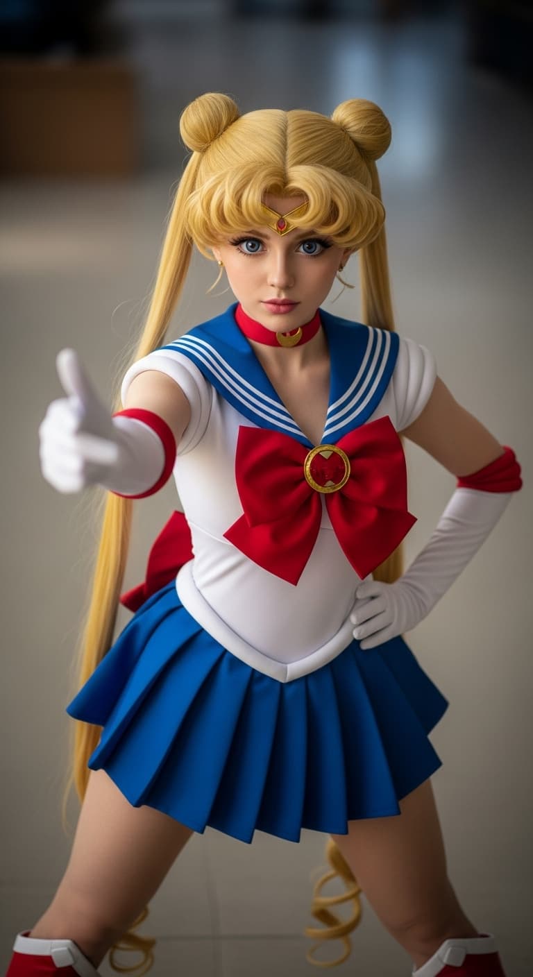 AI generated: If Sailor Moon was a real person, SUPER HERO STANCE, looking at viewer, portrait, photography, detai...