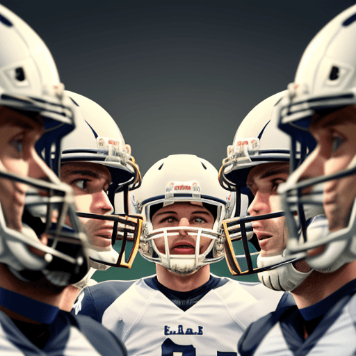 AI generated: panoramic image of American football players, wearing white helmets, looking straight into the camer...