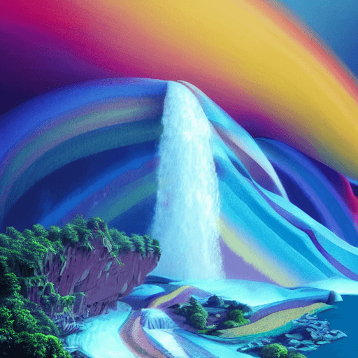 AI generated: Rainbow Waterfalls flowing up to the cliffs above on Pluto, Photorealistic, Digital Masterpiece, Abs...