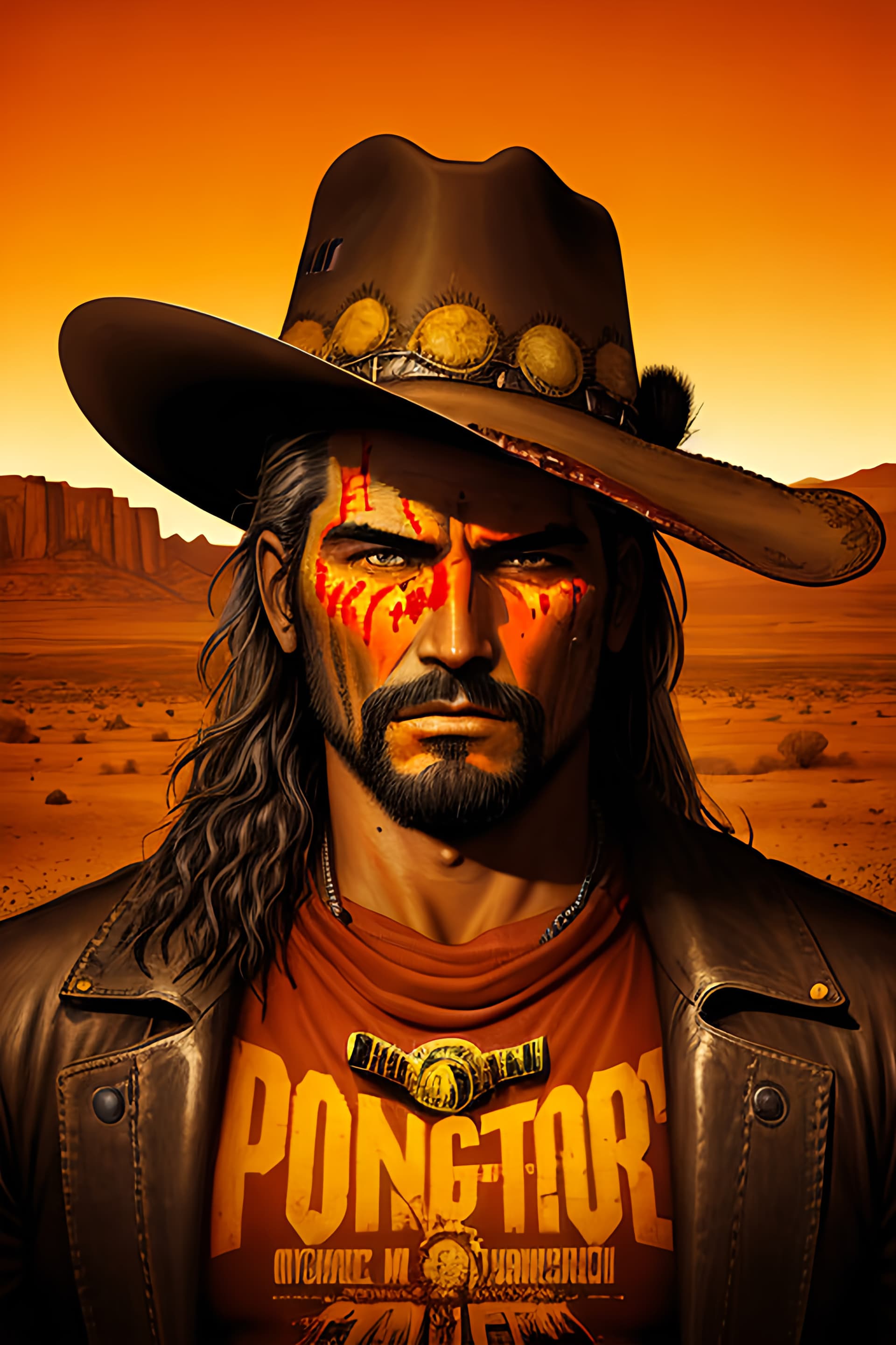 AI generated: A post apocalyptic wild west portrait style outlaw, long hair and facial hair, cowboy western style ...