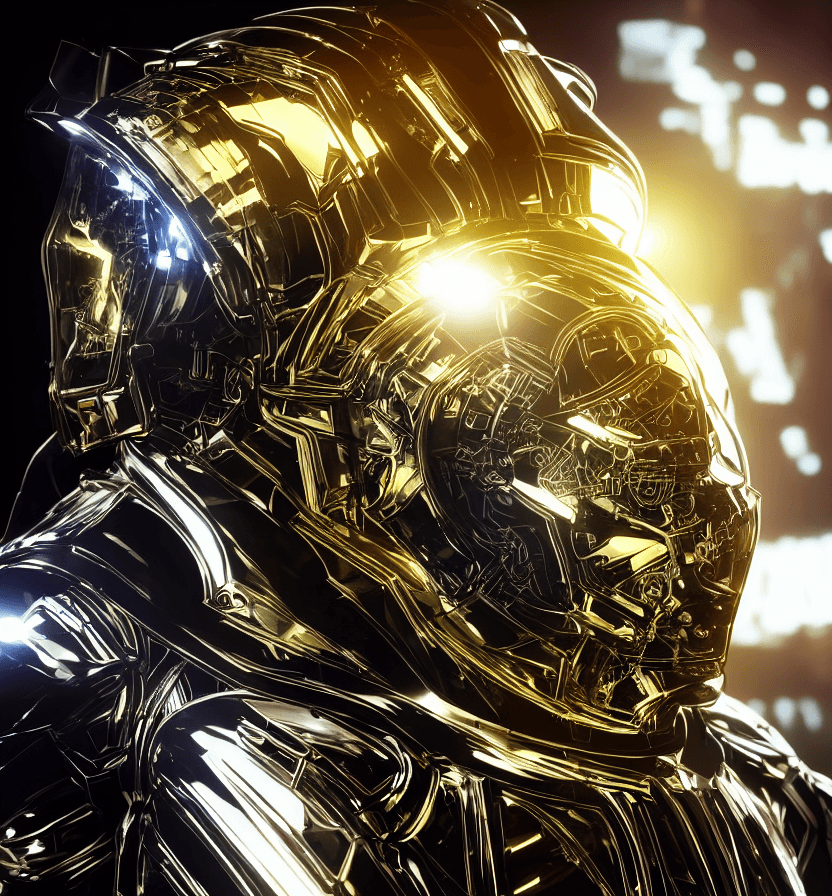 AI generated: Sleek cyborg in a spaceship, with futuristic elements on gold metal armor, neon lights reflections, ...