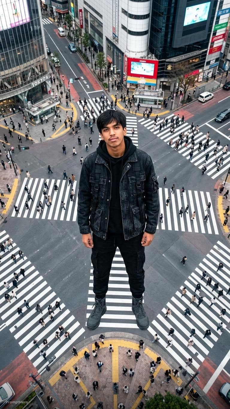 AI generated: Photography, high aerial view, korean model, standing on massive a complicated crosswalk center insp...