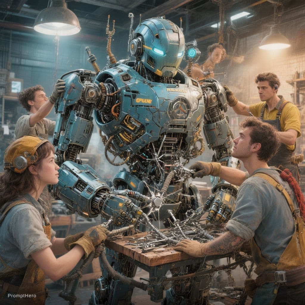 AI generated: An animation of several people working together to repair the mechine in tech company
