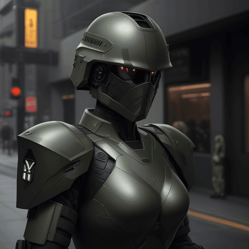 AI generated: Futuristic soldier with advanced armor, weaponry, and helmet, dark army green, street, overcast, ref...