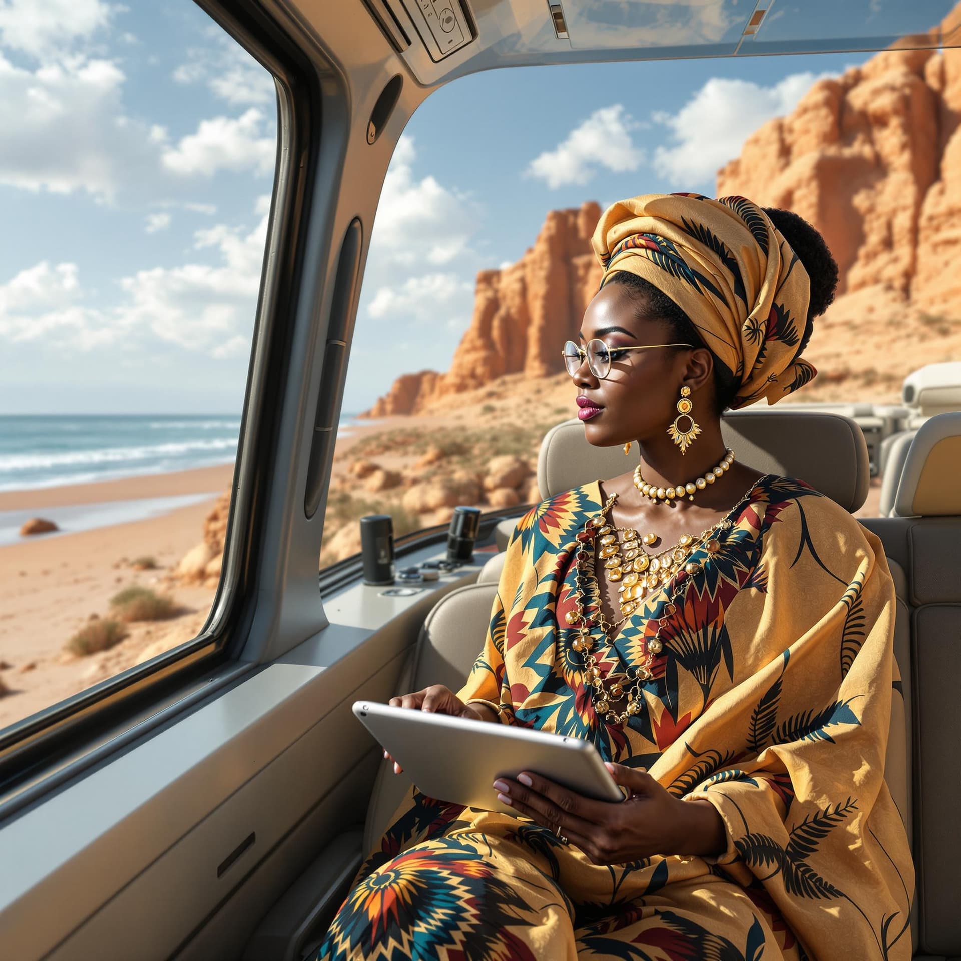 AI generated: 7. **Schwebender Caravan mit afrikanischer Wissenschaftlerin**  
Eine elegante nigerianische Wissens...