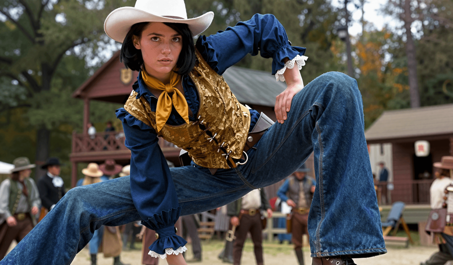 AI generated: Photorealistic cinematic still, medium shot, extreme low-angle shot, 18-year-old Belgian female guns...