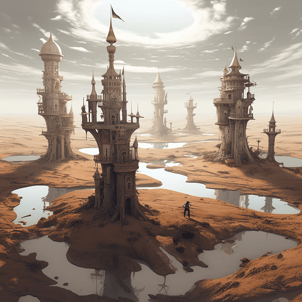 AI generated: A realm where time and space have twisted into a surreal dreamscape. Clock towers of various shapes ...