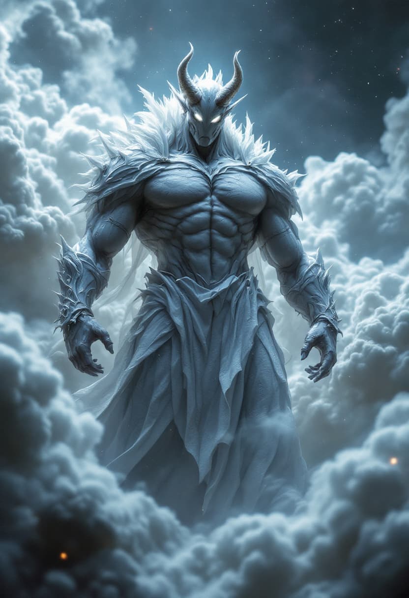 AI generated: God of Gases, full-body, Etherial, muscular, No mouth or hair, Glowing grey eyes, epic, cinematic, 8...