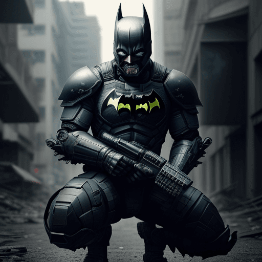 AI generated: black armed apocalypse batman figure in sci-fi battle armor with cybernetic helmet, aiming on one kn...