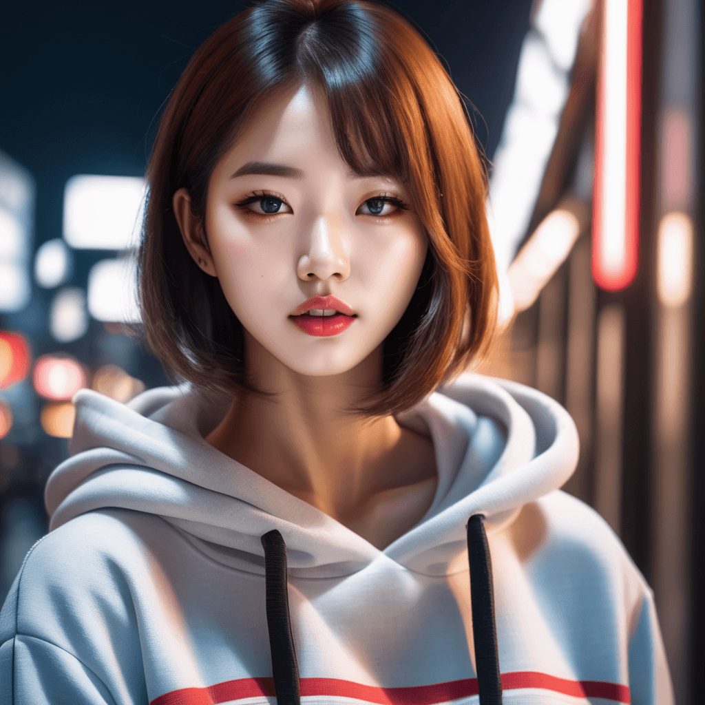 AI generated: beautiful Korean girl, Cute Loose Bob hair, wearing a cropped hoodie, capri sweatpants, hands in poc...