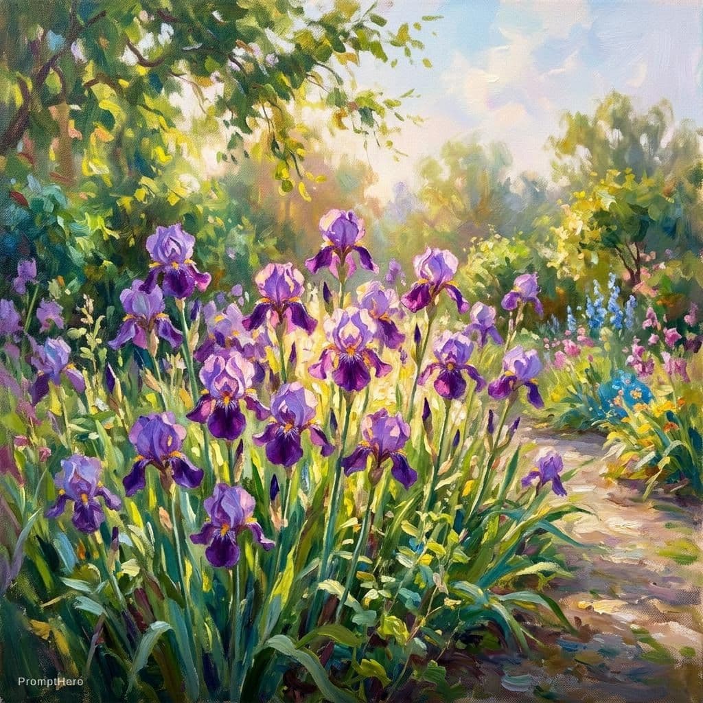 AI generated: I – Iris Flower (Impressionism)
An impressionist painting of purple iris flowers, painted with loose...