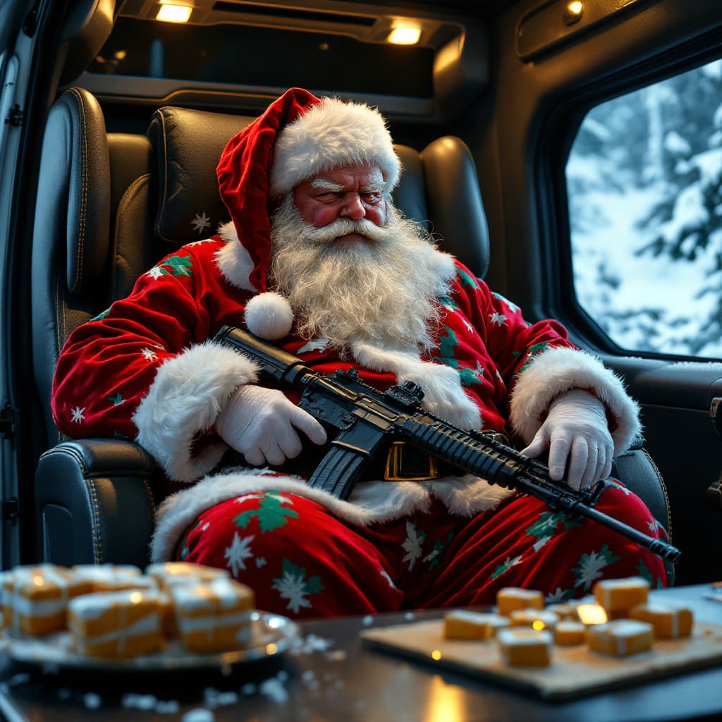 AI generated: A fat Santa clause in a camo Santa suit holding an ar 15 with white duct tape square packages repack...