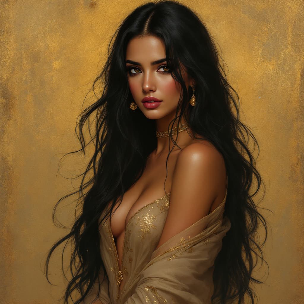 AI generated: an arabian woman with long black hair in a gold painting, in the style of charlie bowater, dark blue...