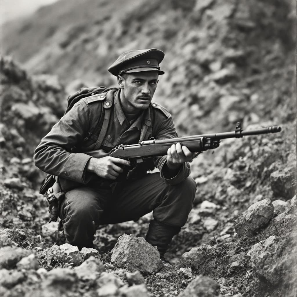 AI generated: A Turkish soldier in the 1918 Çanakkale War. It is one of the bloodiest days of the war and he is fi...