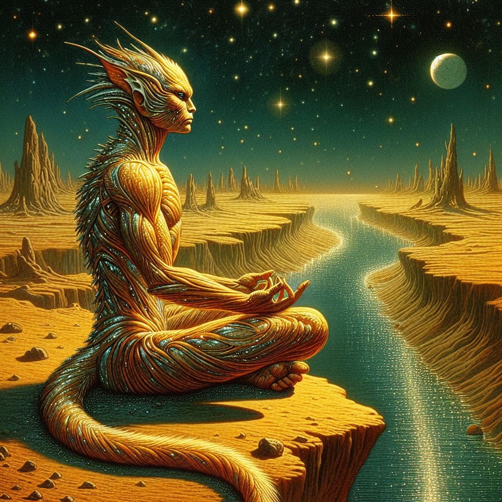 AI generated: Fantastic alien Martian with mica-like fur, golden shine, the last of his kind, beautiful, delicate,...