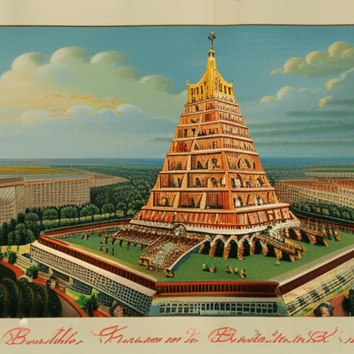 AI generated: The majestic Tower of Babel ((surrounded by a vibrant cityscape)), reaching towards the heavens with...