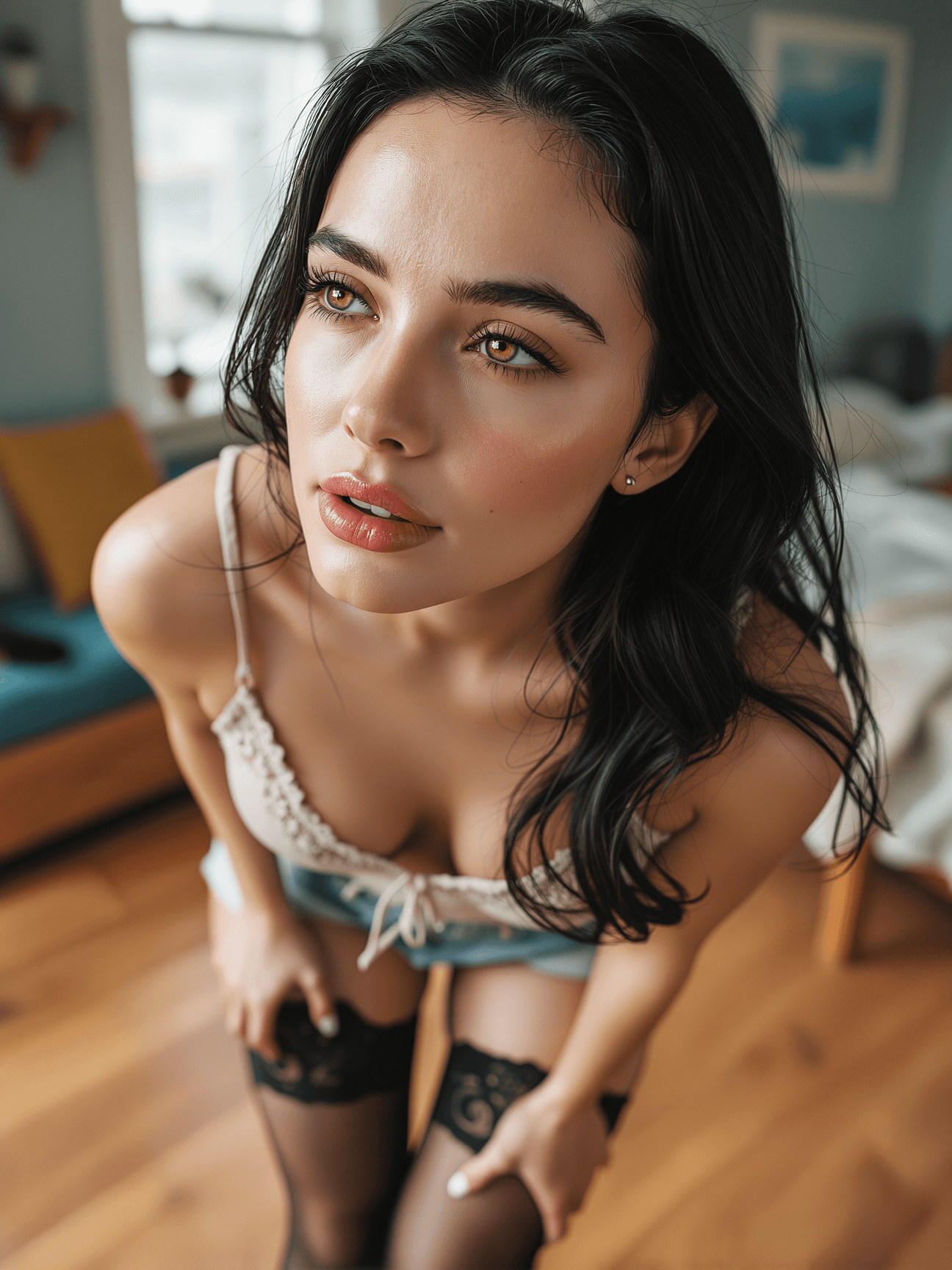 AI generated: A photo features a captivating woman with a warm complexion, her skin with a slightly oily appearanc...