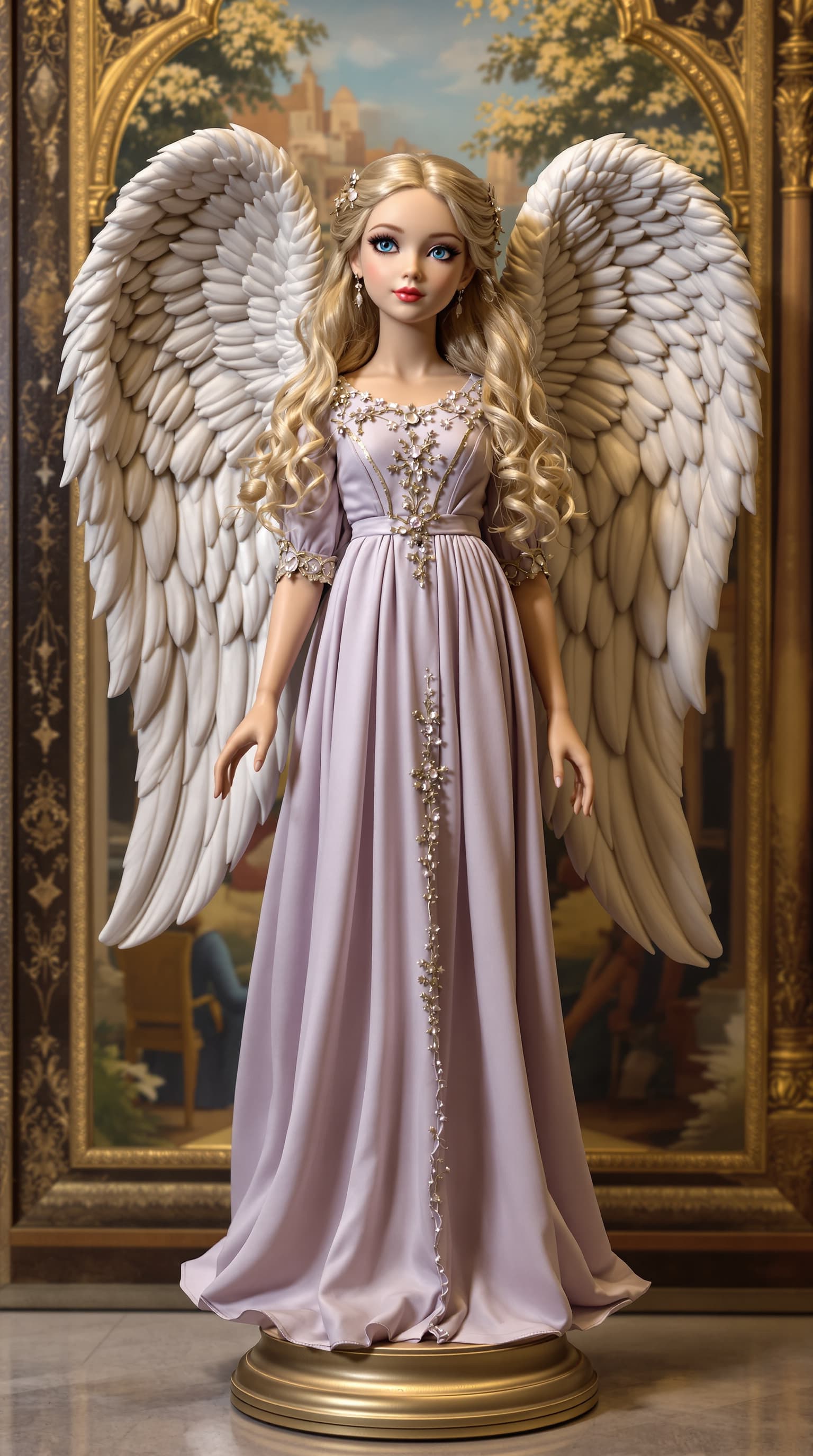 AI generated: A professional photograph showcases an exquisitely beautiful porcelain figurine of an angelic girl w...