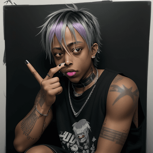 AI generated: juice wrld, anime, dark, hd, draw, pencil, delinquent street punk in emo style clothes holding up th...