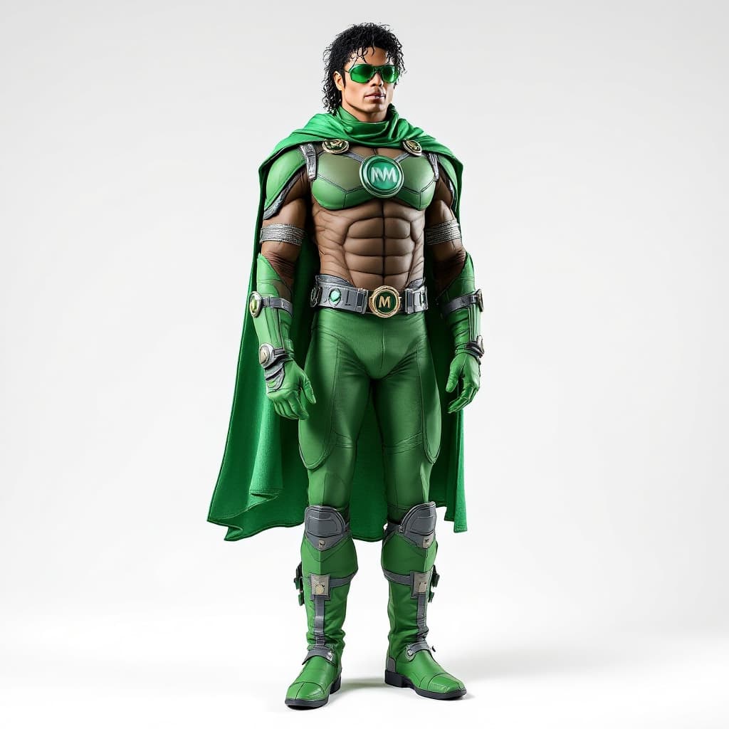 AI generated: hyper real of MICHAEL JACKSON IN BROWN SKIN IN A Green/grey spandex Meteor Man costume, grey spandex...