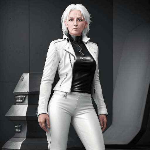 AI generated: High resolution photography of sporty female woman with white hair, icy eyes in leather white leathe...