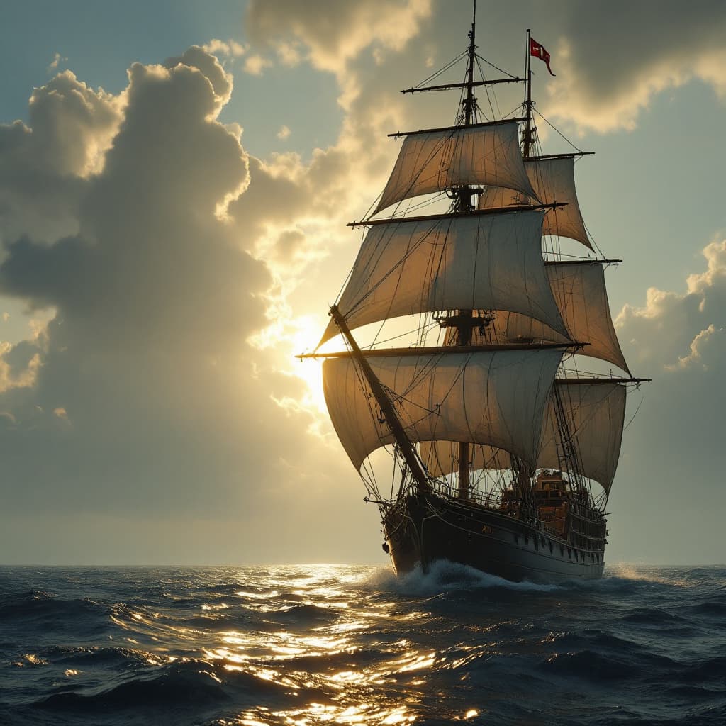 AI generated: Photo of a ultra realistic sailing ship, dramatic light, pale sunrise, cinematic lighting, battered,...