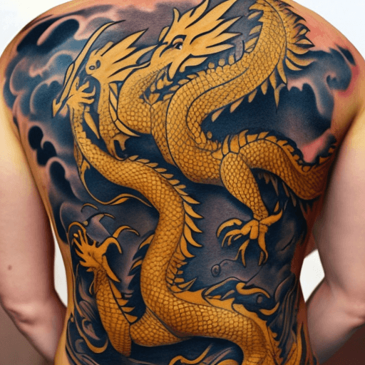 AI generated: A tattoo of a golden dragon on the back