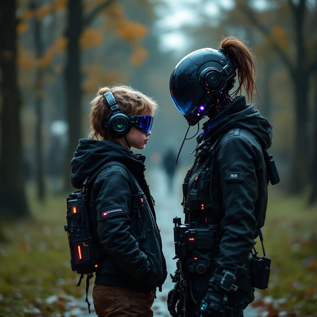 AI generated: Cyber Punk mother and child standing in a park