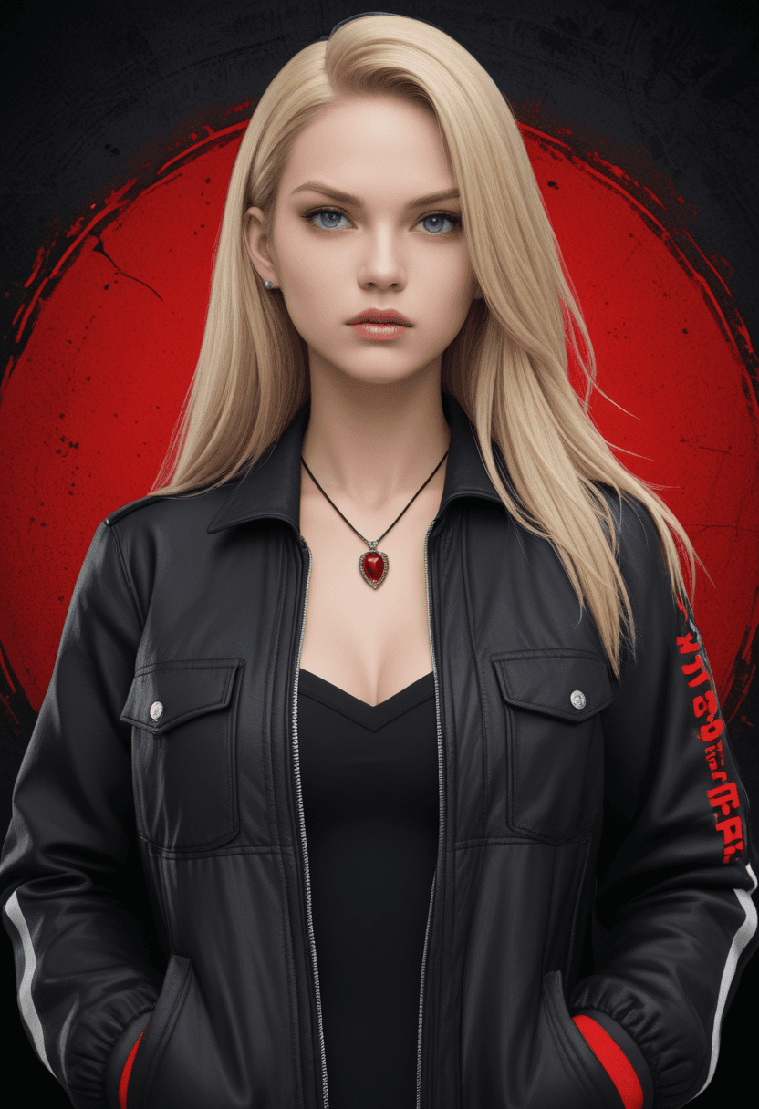 AI generated: Fighting game style Stylized portrait of a woman with long blonde hair,black lace bralette,black jac...