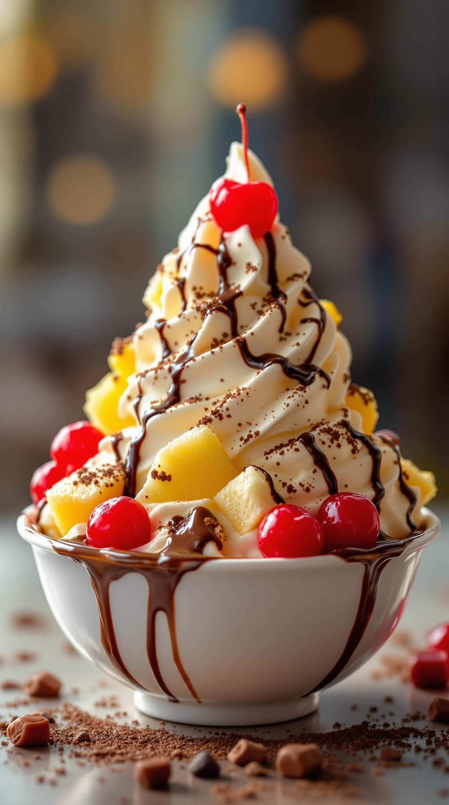AI generated: bowl of delicious icecream, topped with cream, pineapple, cherries, sprinkeld with chocolate, hi glo...