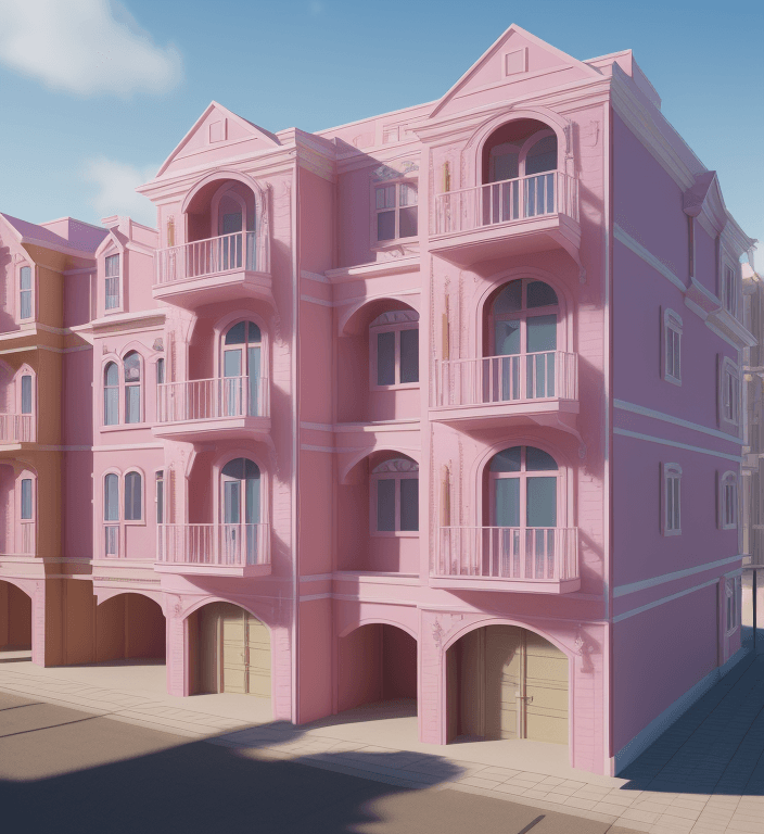AI generated: architectural render of barbie townhouse, 2002. ultra HD 8K ultra realistic facade view