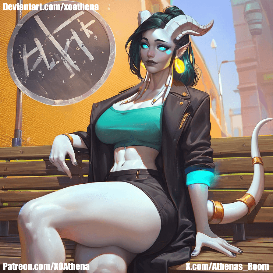 AI generated: 1draenei, green blouse, thick legs, blue eyes, black hair, ponytail, sitting on a bus stop bench, st...