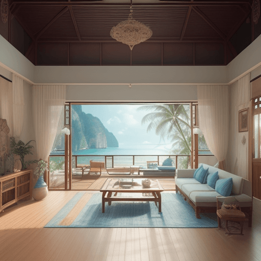 AI generated: High resolution photography thai beach, dreamy sunken living room conversation pit, wooden floor, sm...