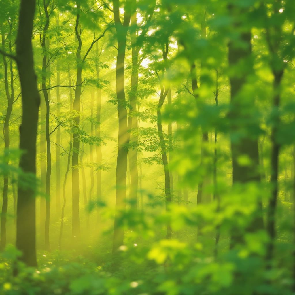 AI generated: A forest of light green trees in a golden yellowish tone and very leafy with fog and a blurred green...