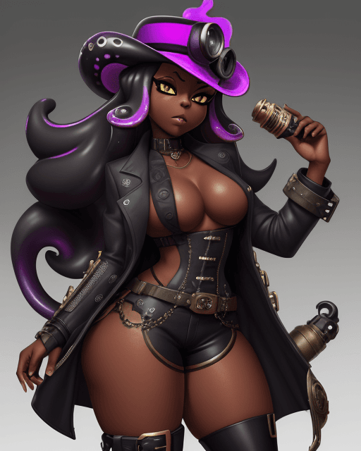 AI generated: splatoon, evil, dark skin, steampunk, coat, thick thighs, goddess, long hair, black