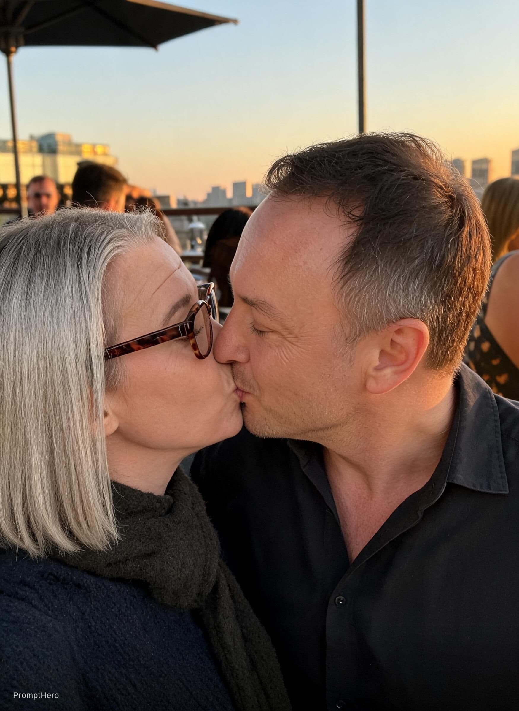 AI generated: Using the three selfies below, create an image where we are kissing each other