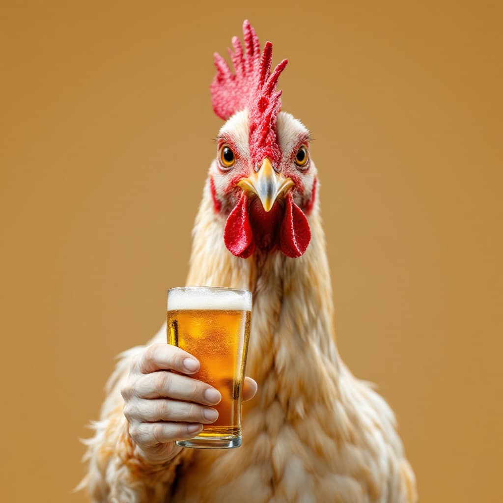 AI generated: a smiling chicken with a chilled beer in front of the camera