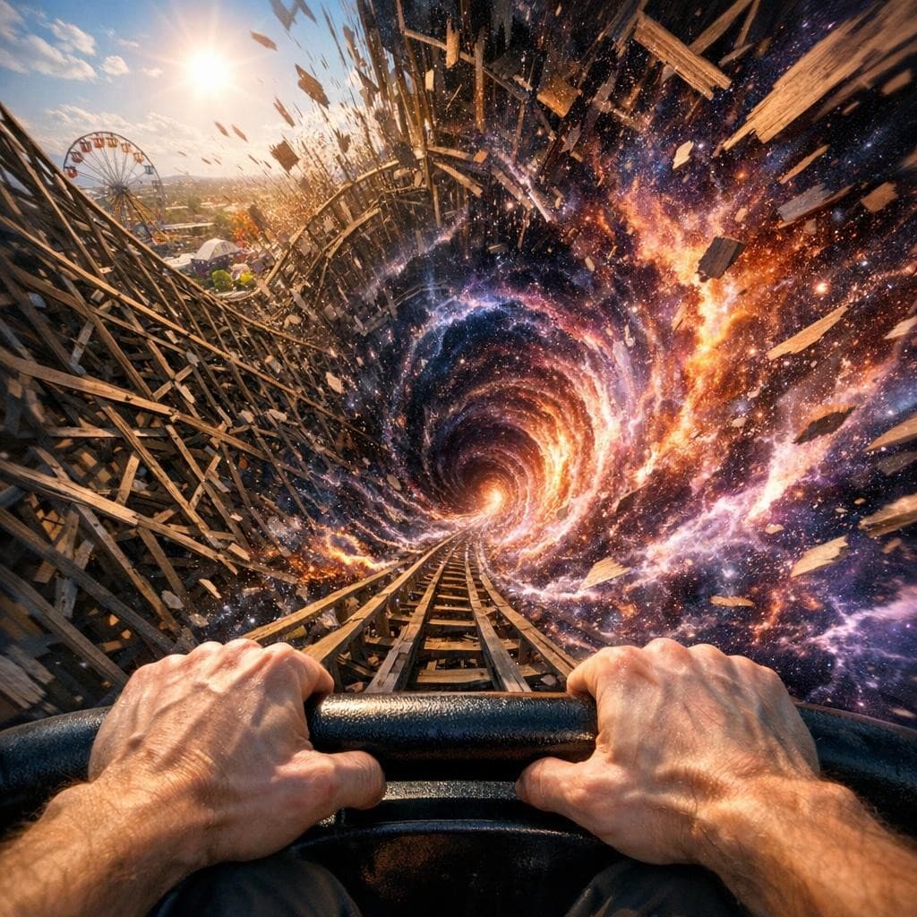 AI generated: Pure first-person (POV) shot from a rollercoaster seat, looking forward down a steep drop. In the ex...