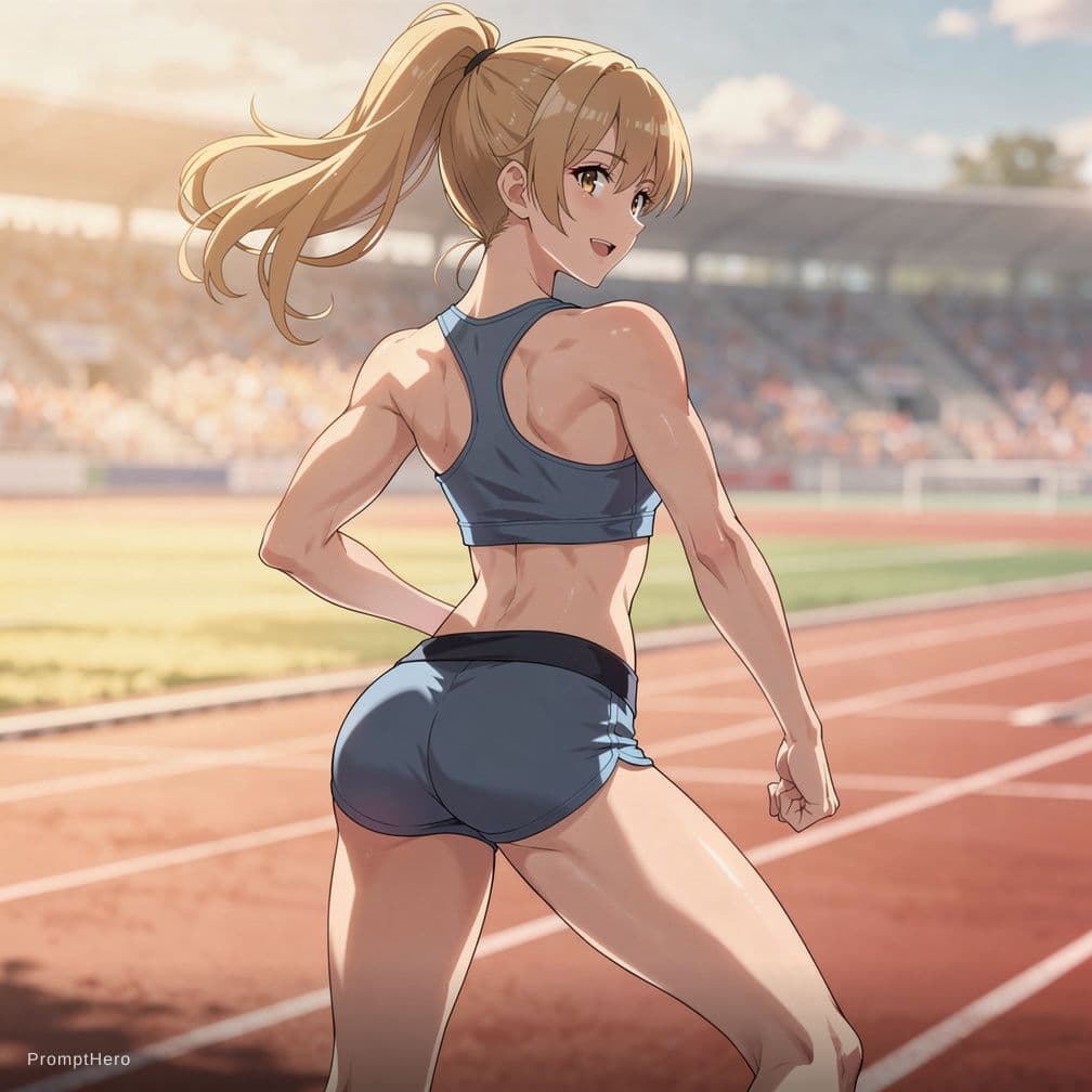 AI generated: A beautiful anime girl with dirty blonde hair and big thighs ass and tits in tight booty shorts swea...