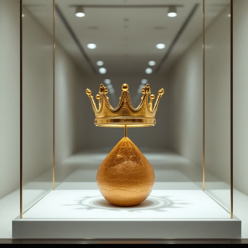 AI generated: Photography, front view, focusing on a shop window, golden crown of a queen balanced on a thin golde...