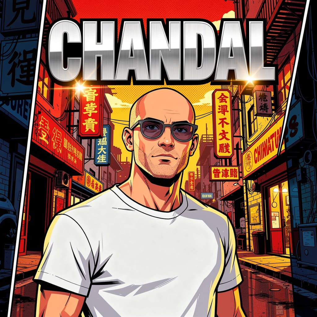 AI generated: Cartoon illustration, comic book cover featuring a handsome Caucasian bald man, clean face, clean sh...