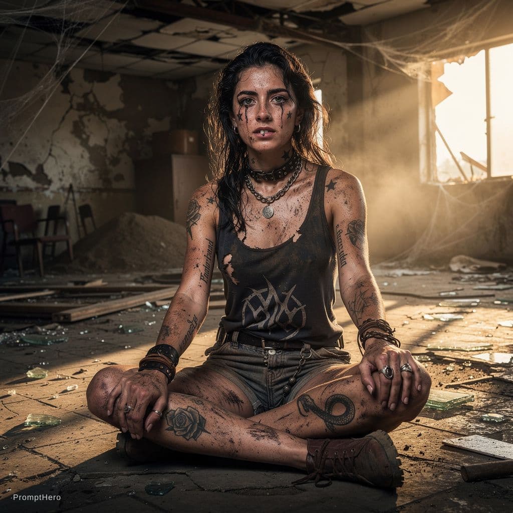AI generated: fine-art cinematic portrait: 20-year-old Argentinian woman, olive skin glistening with sweat, intens...