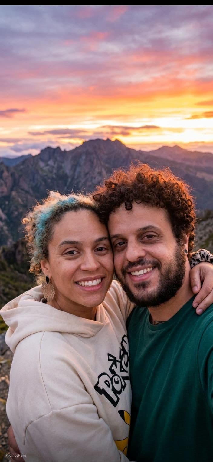 AI generated: beautiful Sunset over the mountains in love couple 