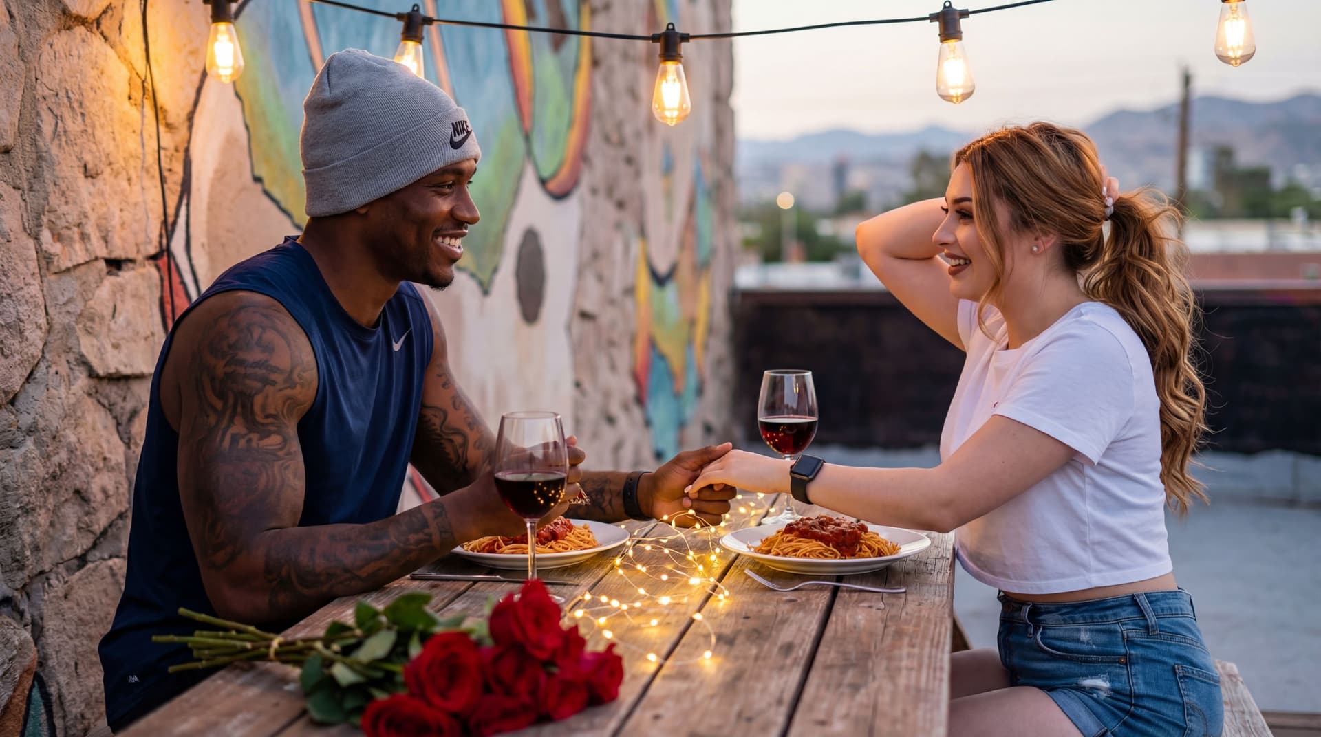 AI generated: On the left, a tall muscular tattooed african man with a warm smile wears a grey Nike beanie and a d...